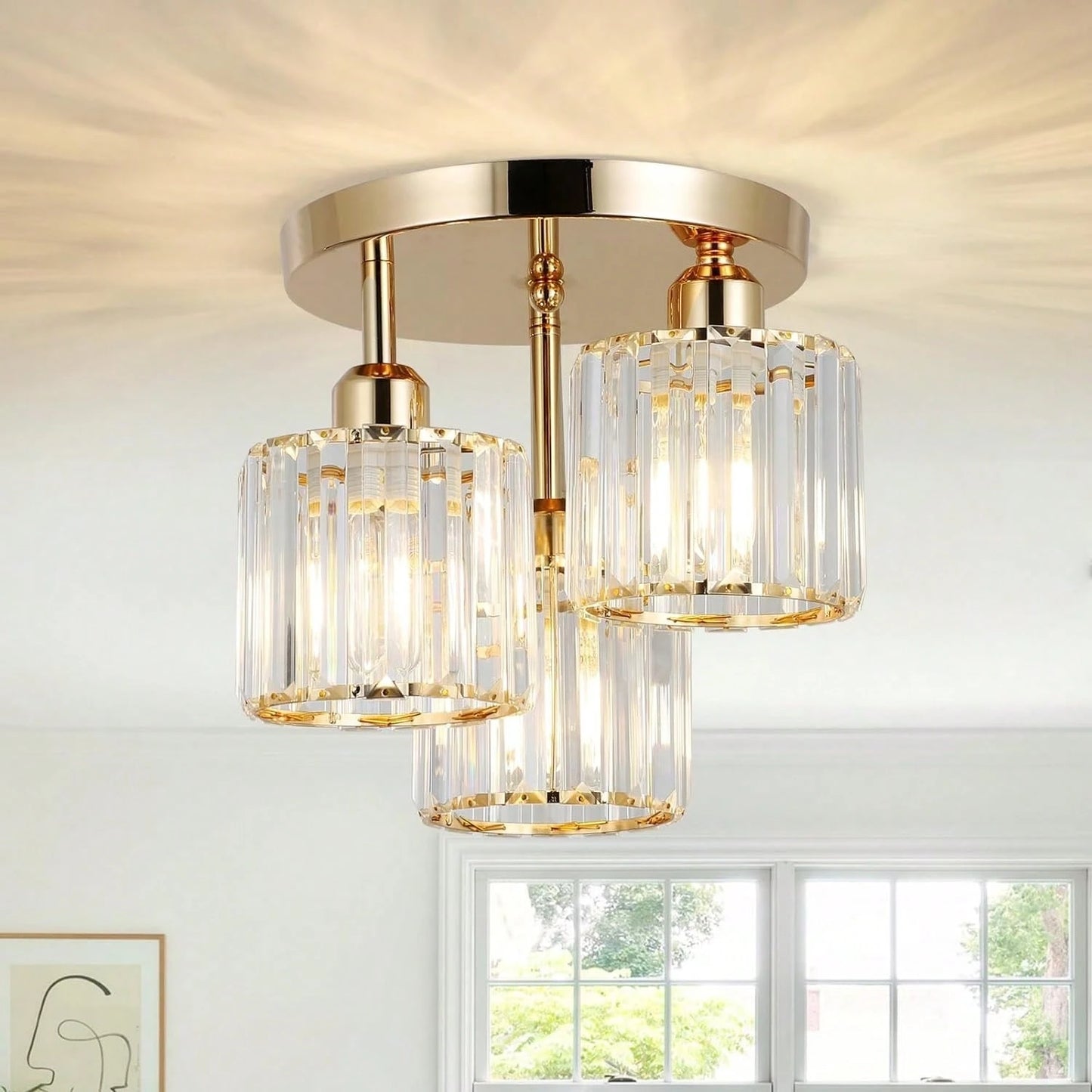 3-Light Gold Crystal Ceiling Light For Kitchen Hallway Bedroom