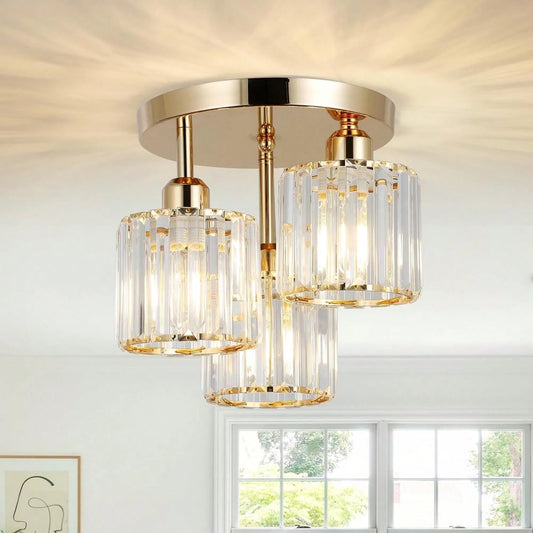 3-Light Gold Crystal Ceiling Light For Kitchen Hallway Bedroom