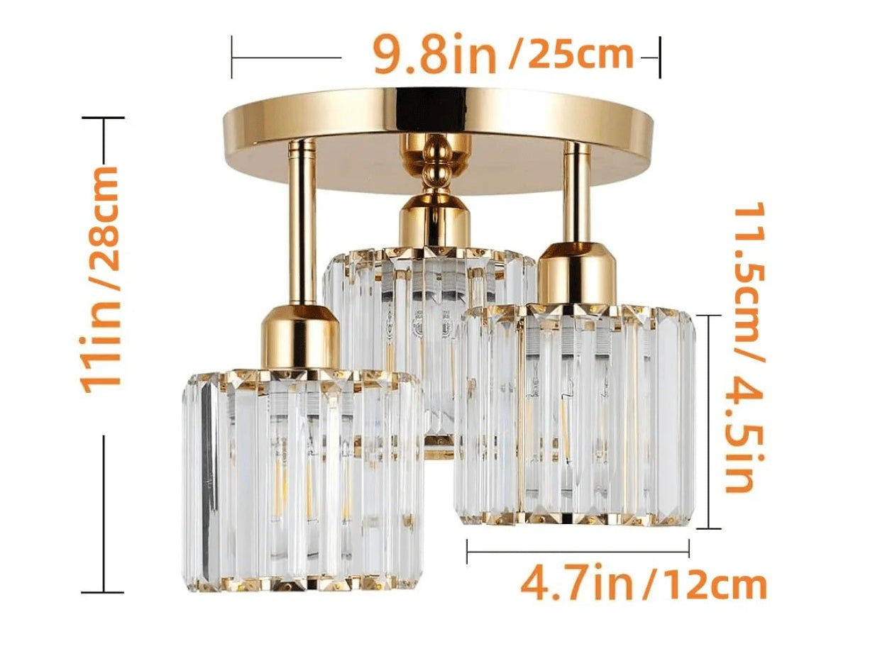 3-Light Gold Crystal Ceiling Light For Kitchen Hallway Bedrooms