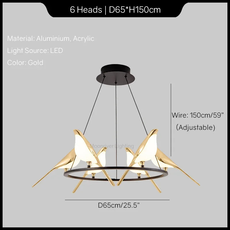 6 Lights Magpie Bird Pendant Ceiling Light