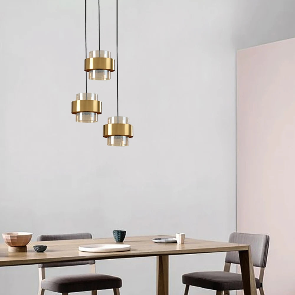 Gold Cylindrical Pendant Lights Dining Table