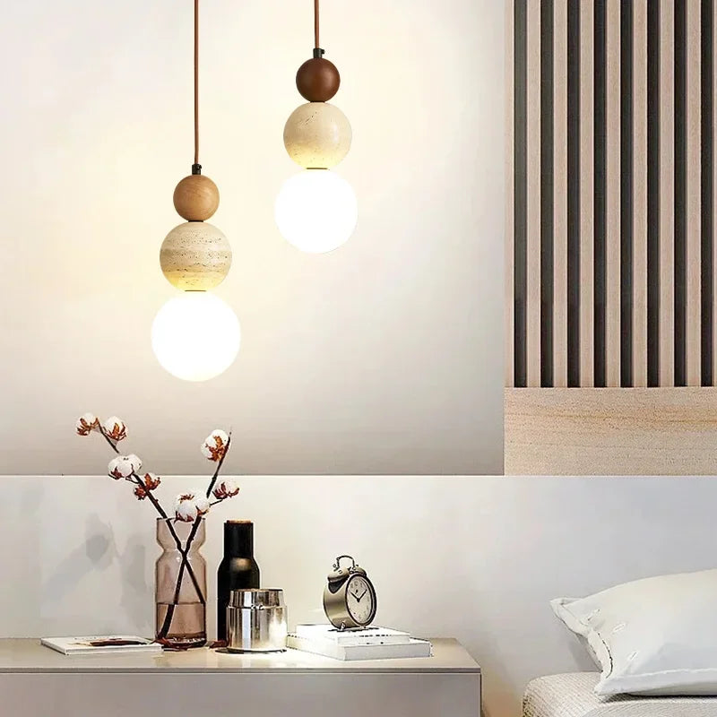 Hanging Bedroom Bedside Lights with Stone And Wooden Finish