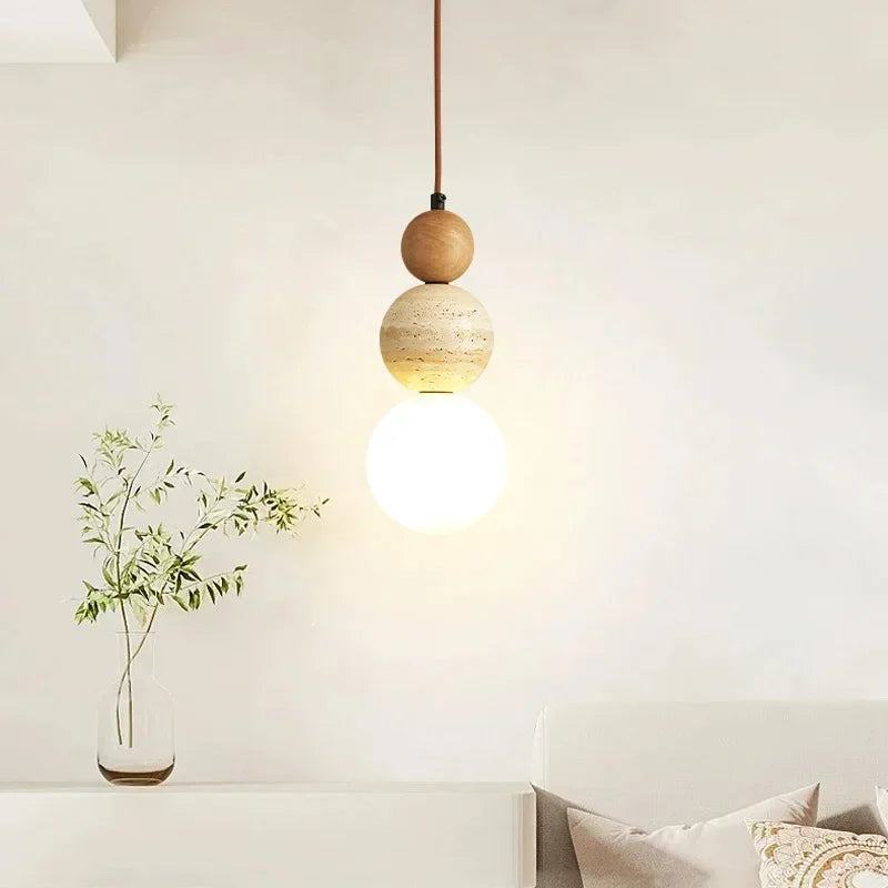 Hanging Bedside Bedroom Pendant Light with Stone And Wooden Finish