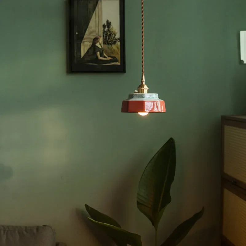 Red Painted Vintage Ceramic Pendant Light