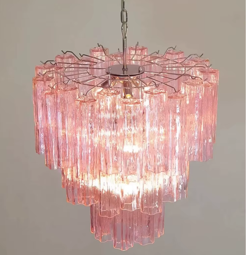 Pink Murano Glass Chandelier With Chrome