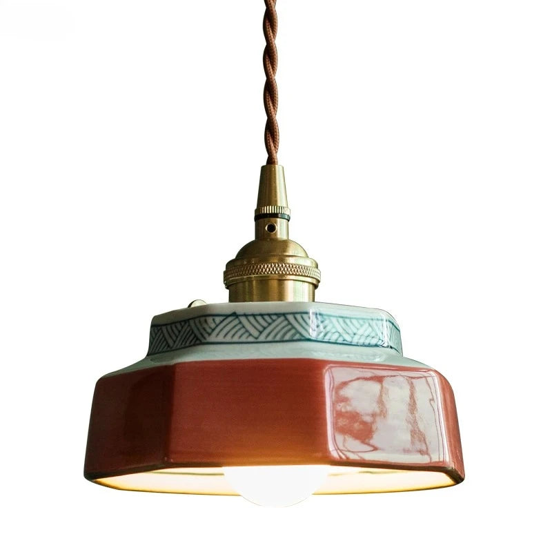 Painted Vintage Ceramic Pendant Light Red