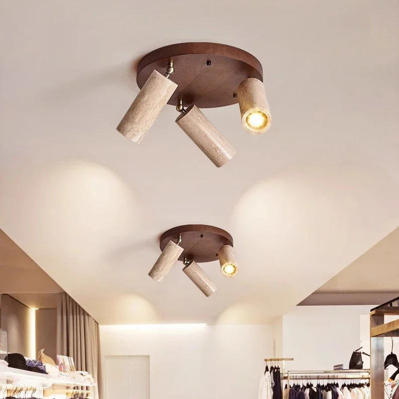 Round Dark Wooden Ceiling Lights With Spotlights