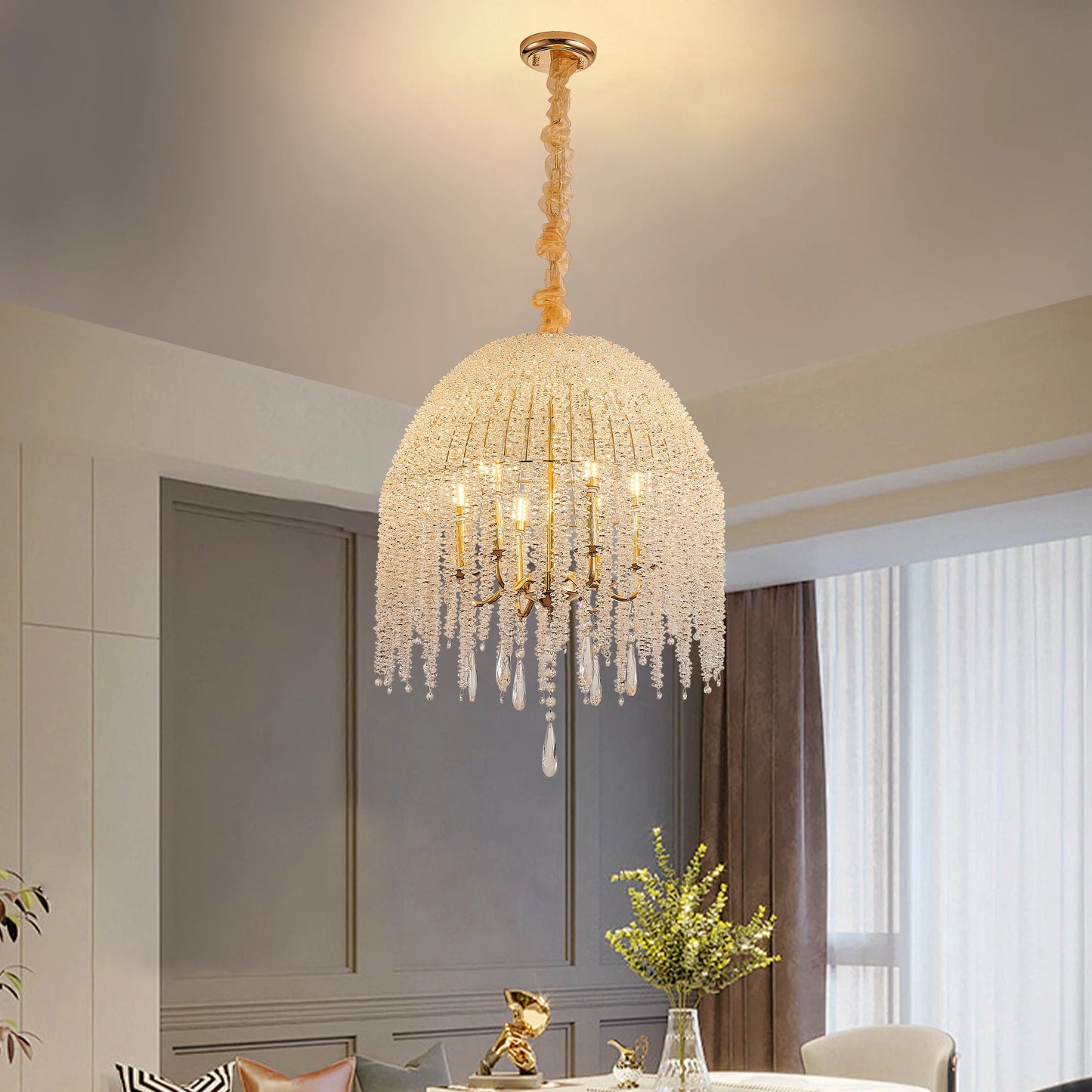 Gold Finish 6-Light Crystal Waterfall Pendant Chandelier for Living Spaces