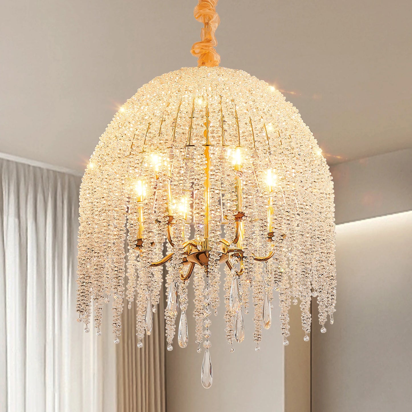 Gold Finish 6-Light Crystal Waterfall Pendant Chandelier for Living Spaces