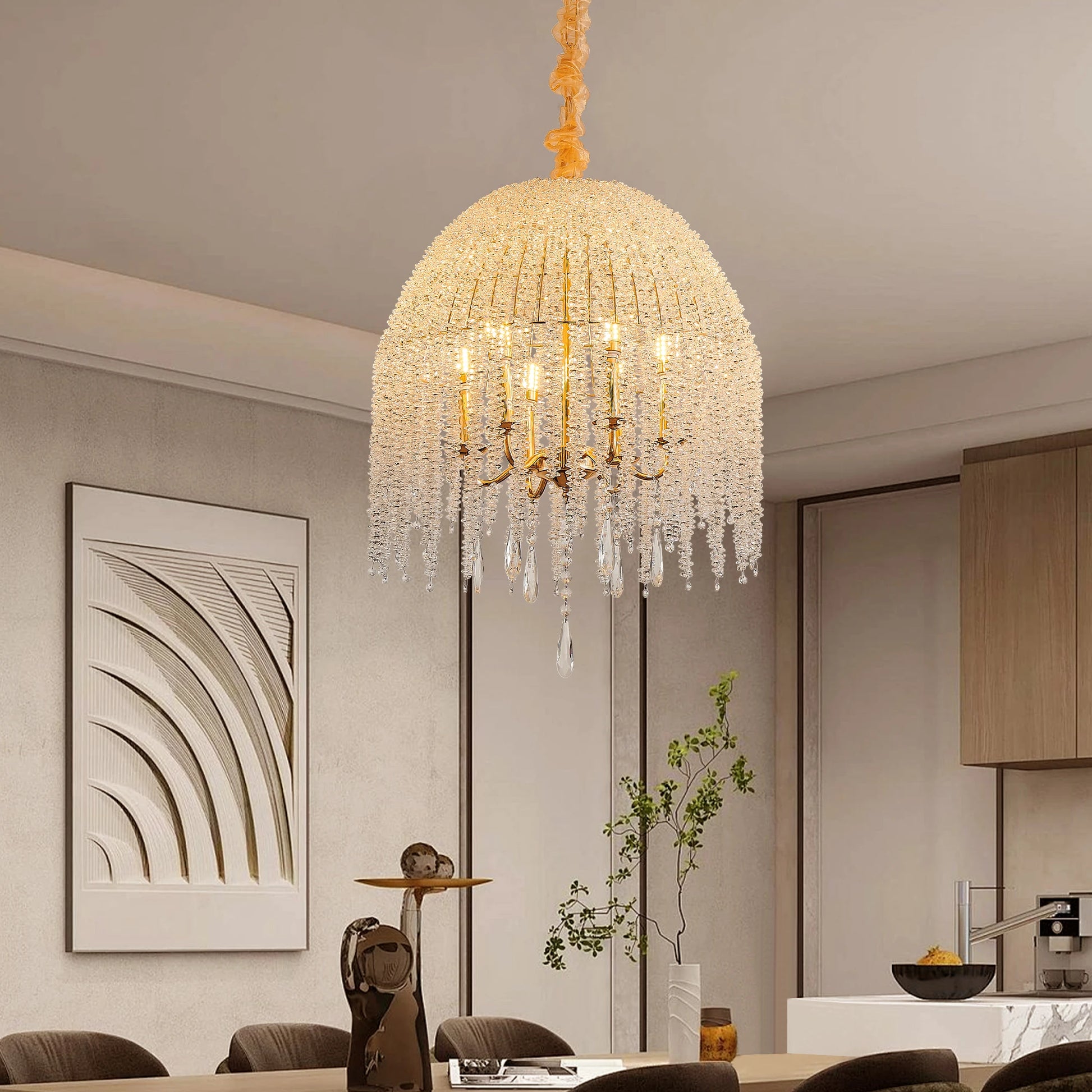 Gold Finish 6-Light Crystal Waterfall Pendant Chandelier for Living Spaces