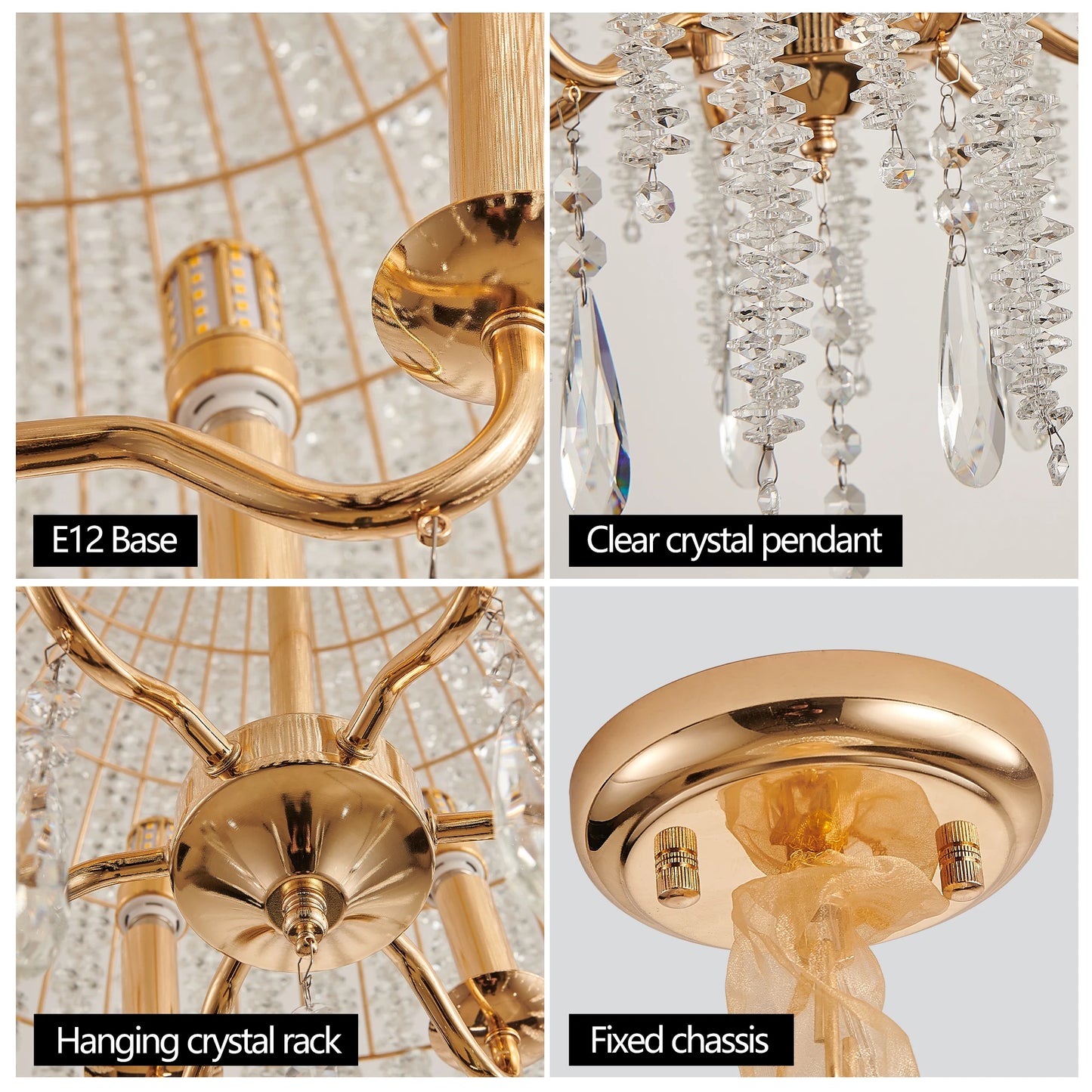 Gold Finish 6-Light Crystal Waterfall Pendant Chandelier for Living Spaces