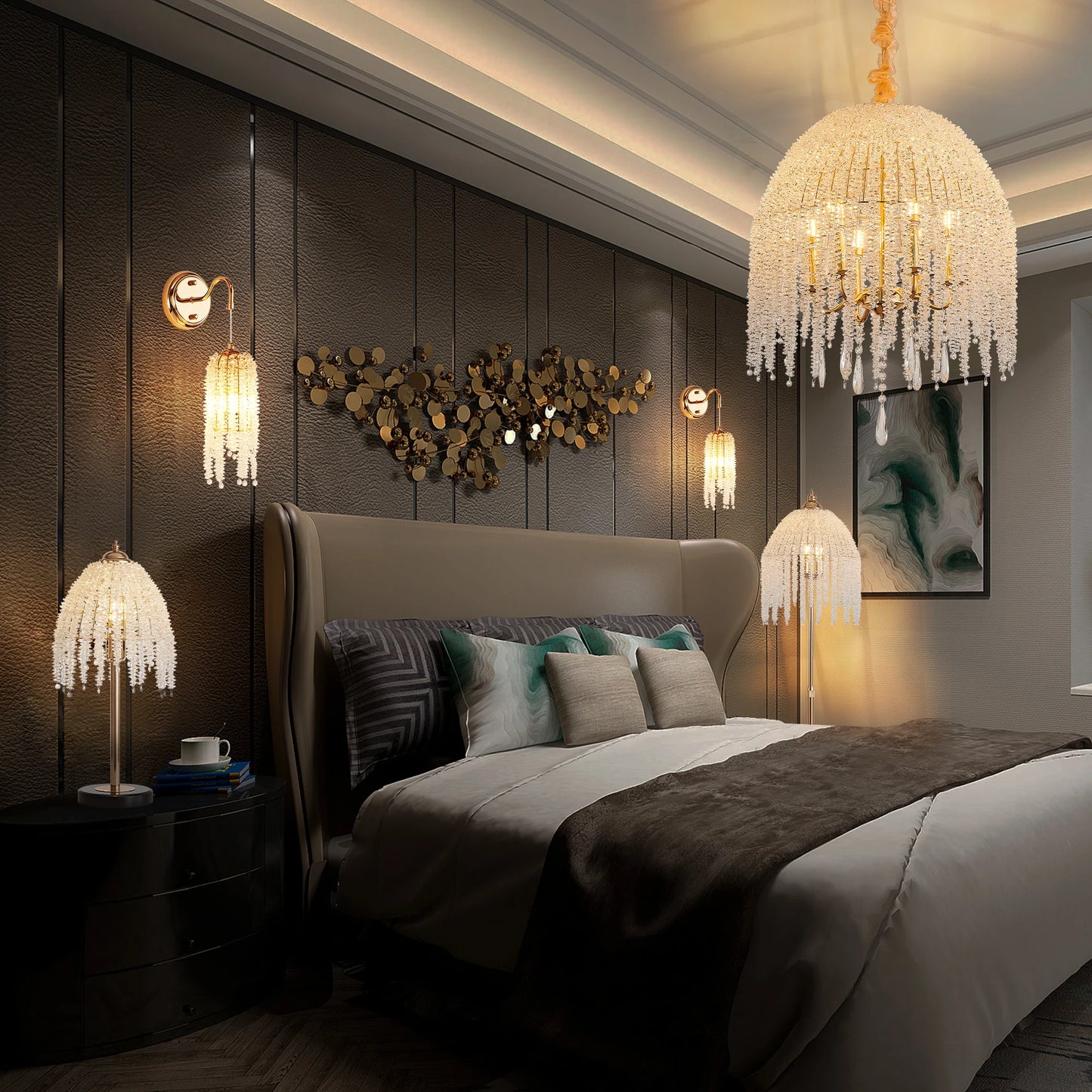 Gold Finish 6-Light Crystal Waterfall Pendant Chandelier for Living Spaces