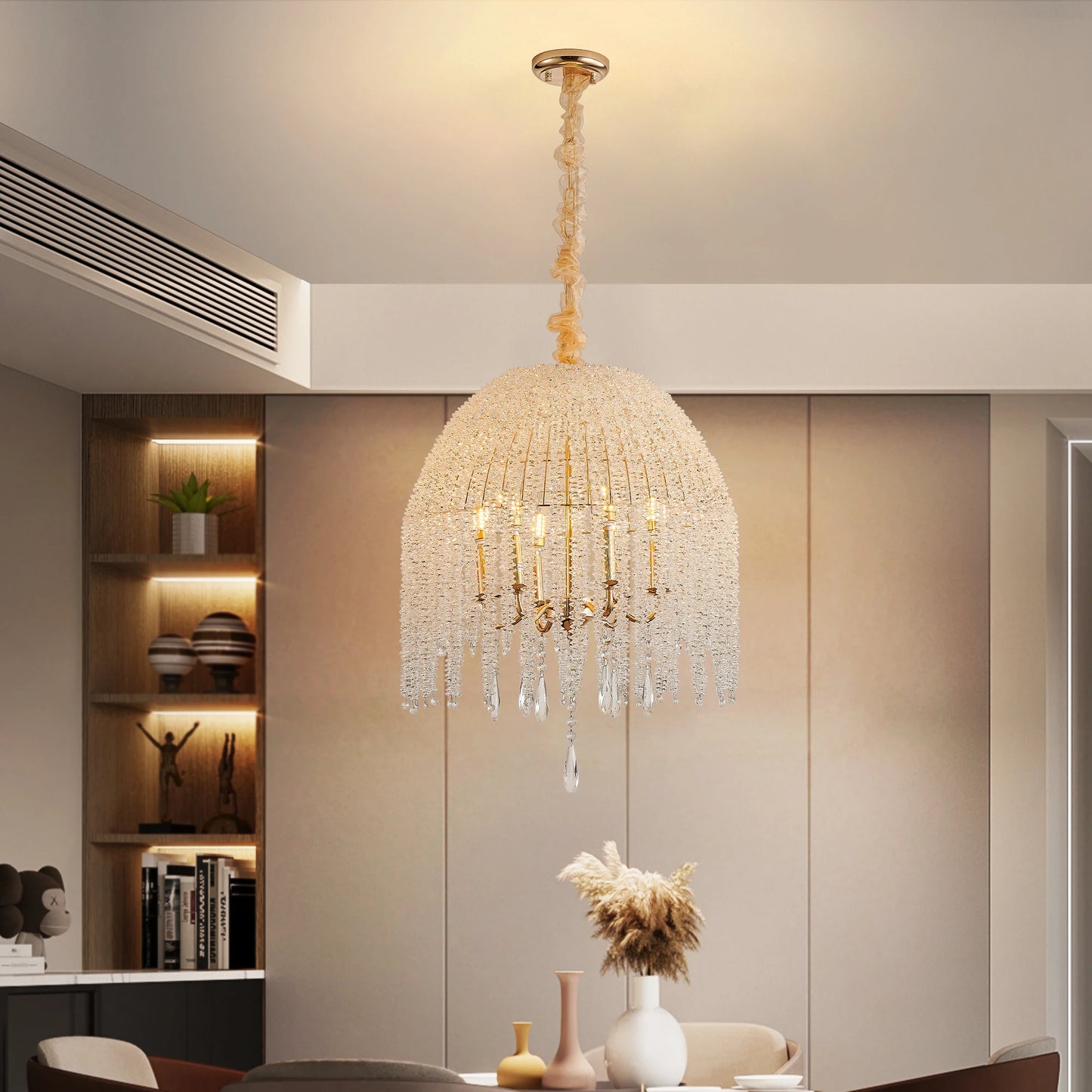 Gold Finish 6-Light Crystal Waterfall Pendant Chandelier for Living Spaces