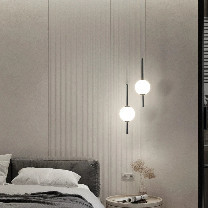 Simple Glass Ball Pendant Lights - Nordic Bedroom Bedside Long Line Hanging Lamp