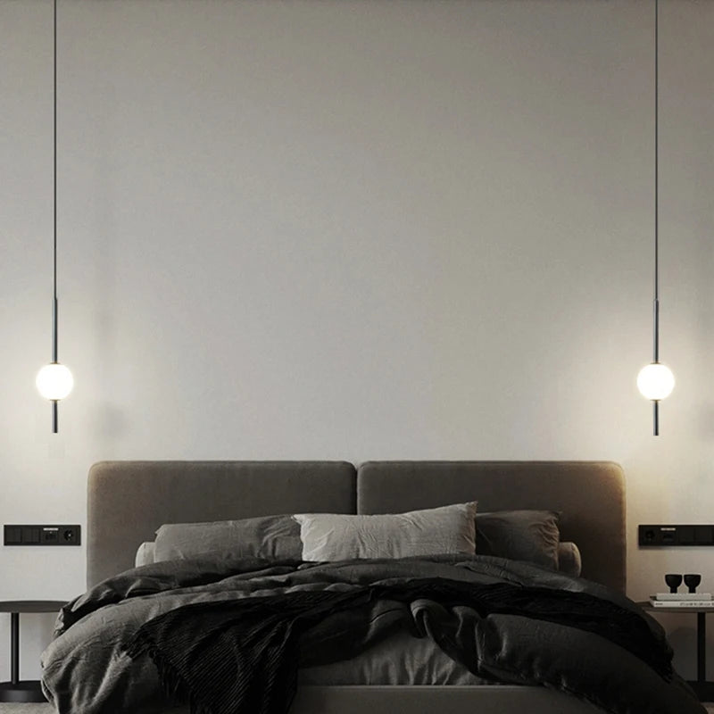 Simple Glass Ball Pendant Lights - Nordic Bedroom Bedside Long Line Hanging Lamp