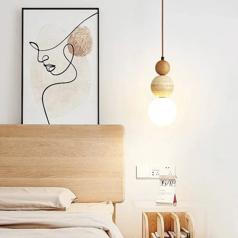 Hanging Bedroom Pendant Light with Stone Wooden