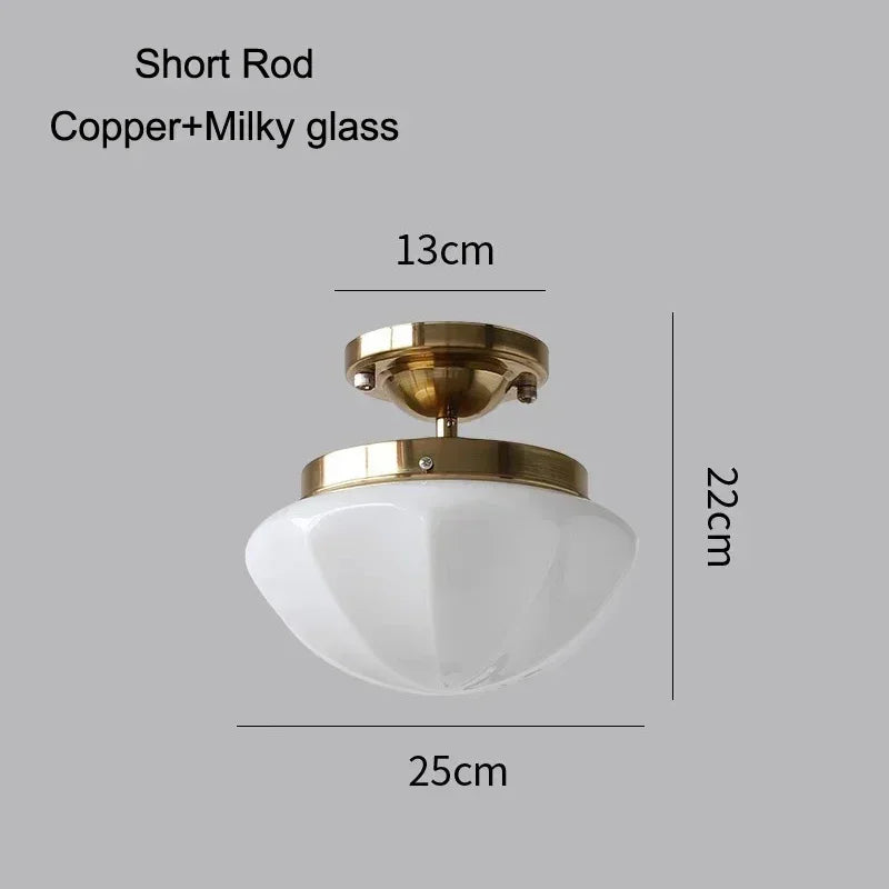 French Antique Copper Glass Ceiling Light for Living Room