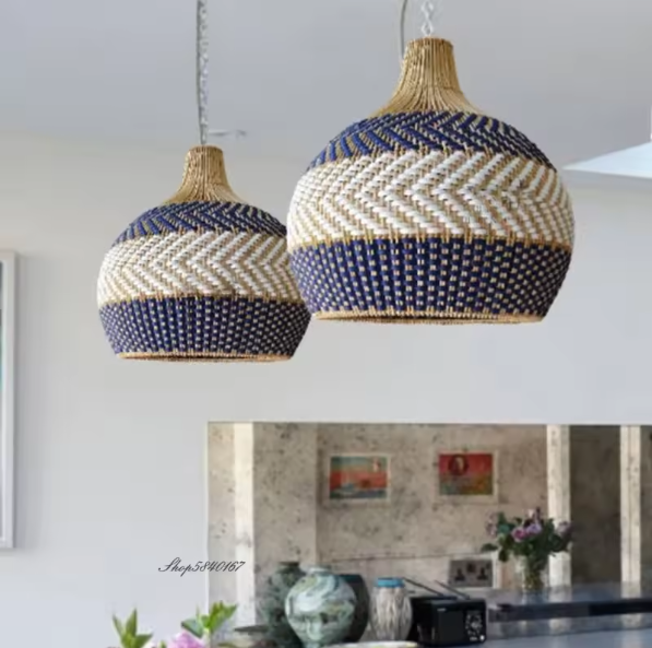 White and blue Rattan Ceiling Lamp