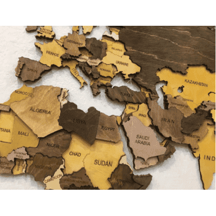 detailed 3 dimensional wooden world map